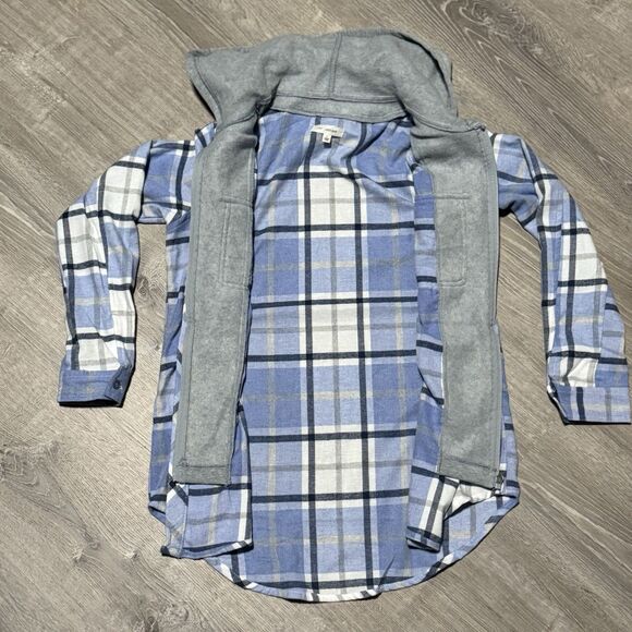 No Comment Hooded Flannel Shirt Women’s Size Small Blue Plaid Button Down - Picture 4 of 6
